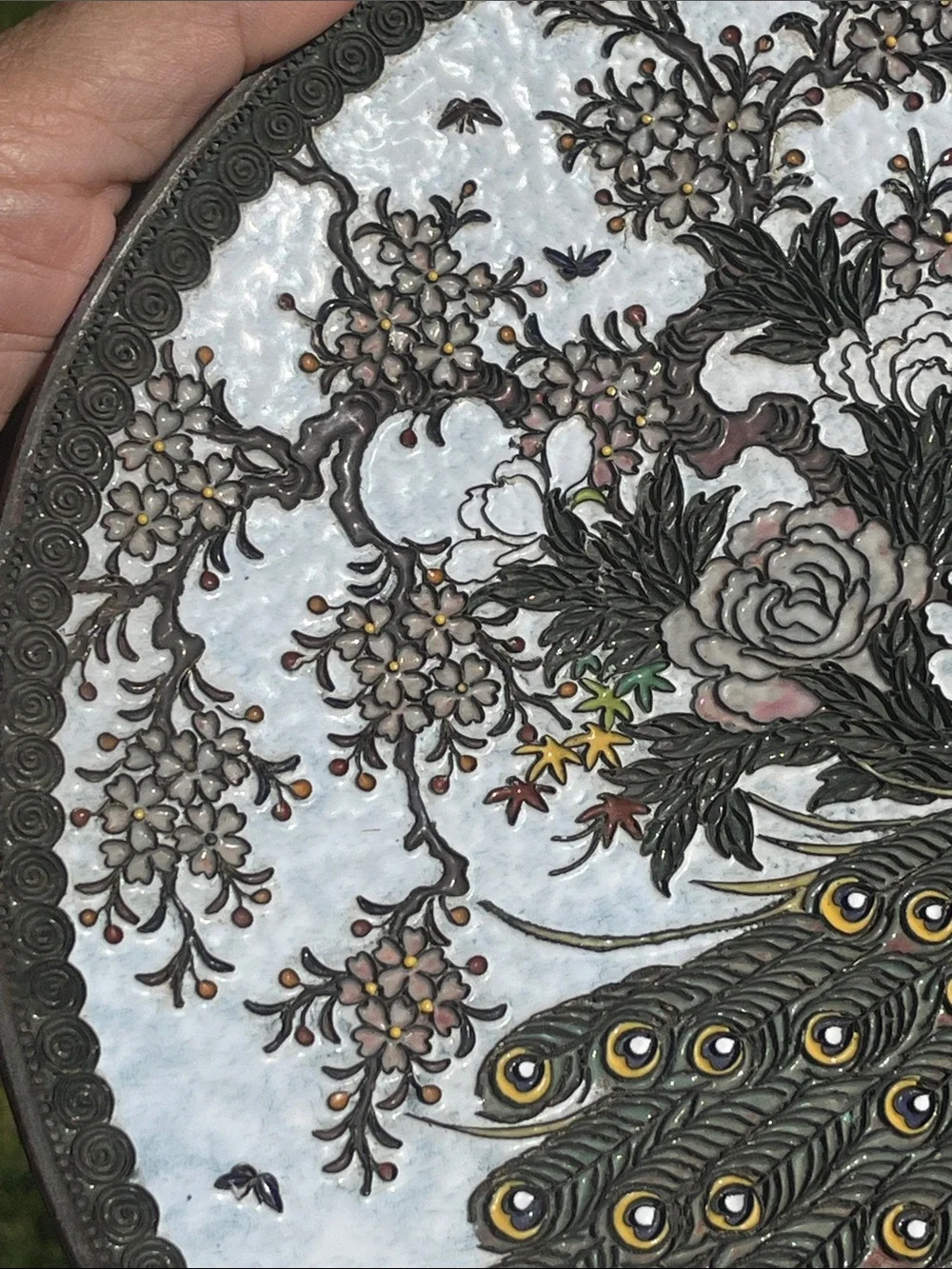 Metal scroll work Cloisonne plate bird and floral Design